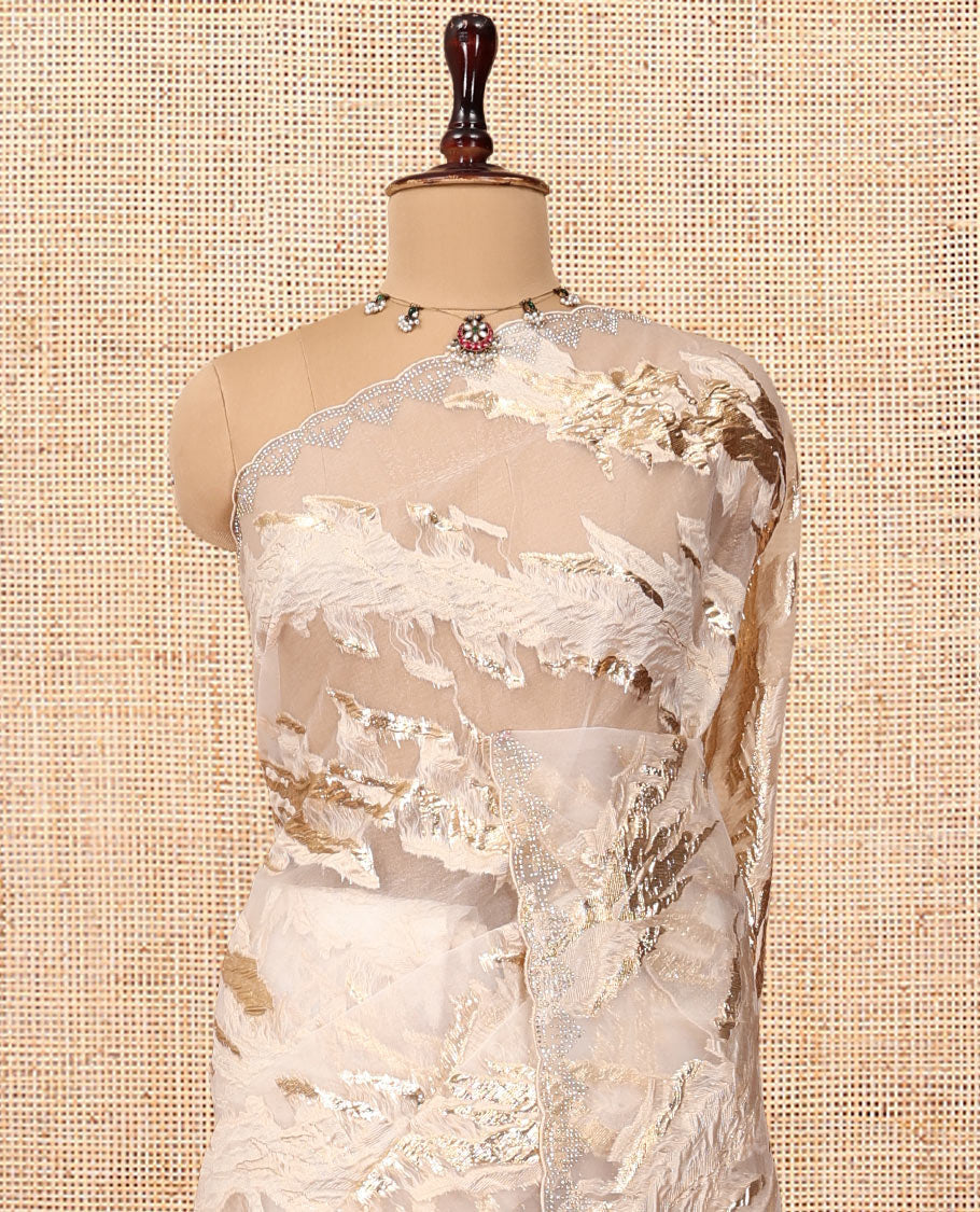 Gold Turkey Organza Saree, Adorned with Abstract-Style Gold Thread Work, Swarovski Stonework Border, and Matching Blouse