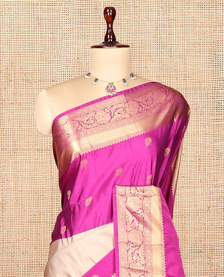 Pink Half-And-Half Budget Silk Saree Features Buttas, Traditional Border, Grand Pallu, Contrast Blouse