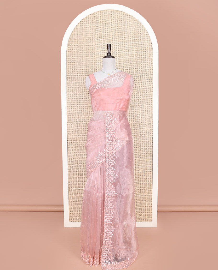 Pink Designer Saree, Beautified with Sequins Struck on Its Body, Highlighted by a Scallop Sequins Embroidered Border, Self-Pallu, and Paired with a Matching Blouse