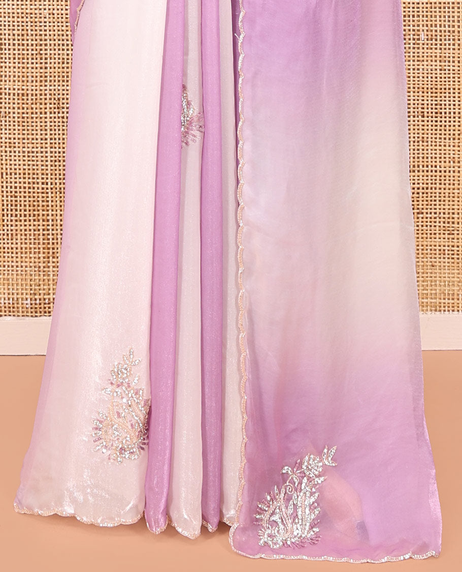 Lavender and Cream Designer Saree, Gracefully Embellished with Embroidered Buttas All Over Its Body, Scallop Embroidered Border, And Paired with a Matching Stone Work Blouse