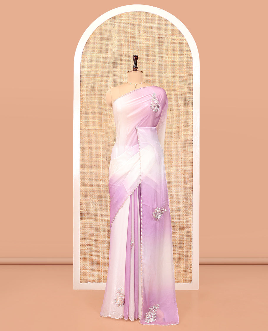 Lavender and Cream Designer Saree, Gracefully Embellished with Embroidered Buttas All Over Its Body, Scallop Embroidered Border, And Paired with a Matching Stone Work Blouse