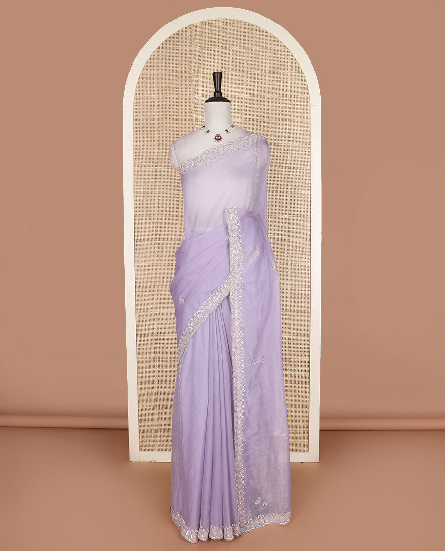 Lavender embroidered motifs woven designer saree, embroidered scallop border