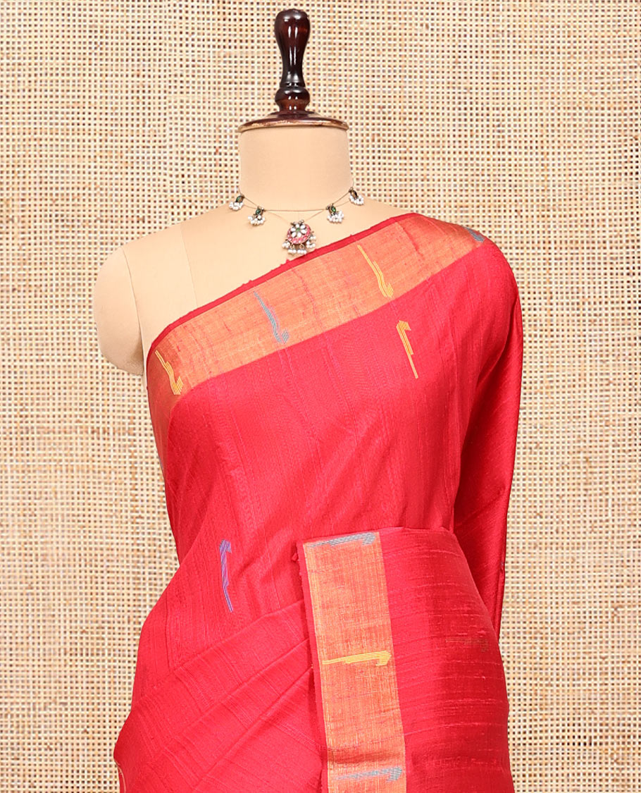 Red Dupion Silk Saree, Bedecked with Muniya Buttas, a Muniya Border, Pallu Depicts Colorful Designs, and a Matching Blouse