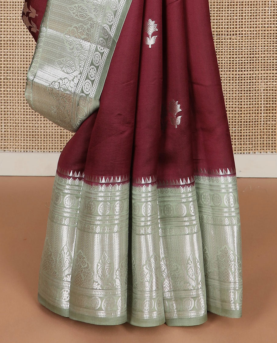Maroon motifs raw mango silk saree with contrast zari design & floral design pallu