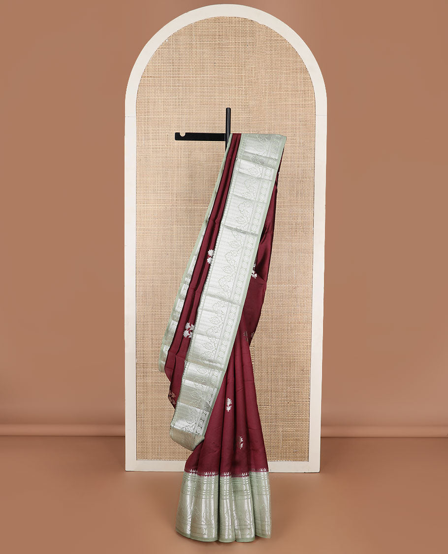 Maroon motifs raw mango silk saree with contrast zari design & floral design pallu