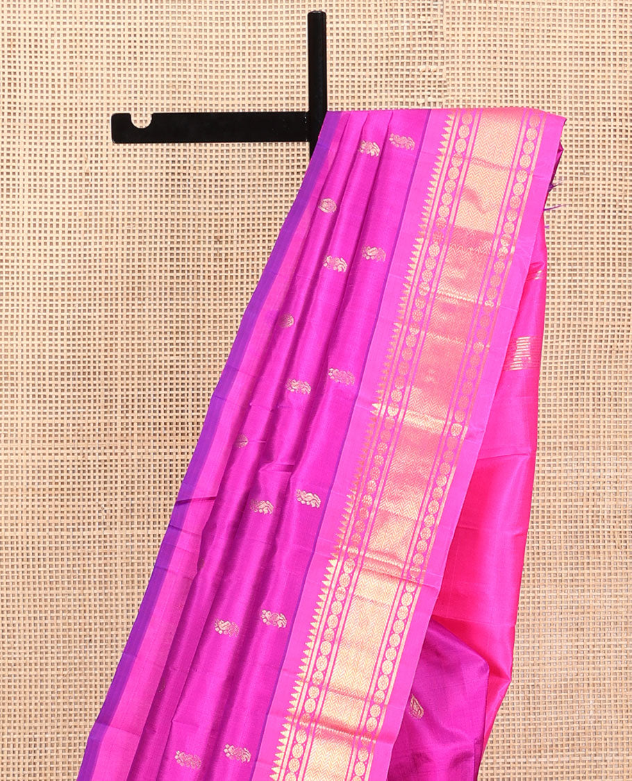 Pink Kanchipuram Silk Saree, Accentuated with Zari Buttas, a Semi-Contrast One-Sided Border of Rekku, Banaras, and Mayil Kan, Zari Design Pallu, and No Blouse