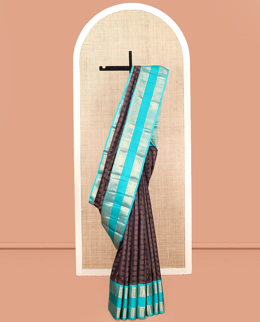 Brown Kanchipuram Silk Saree, Richly Detailed with Zari Checks, Contrast Rettai Pettu Traditional Border, Pallu of Chakram Butta Enclosed Checks, and Contrast Blouse