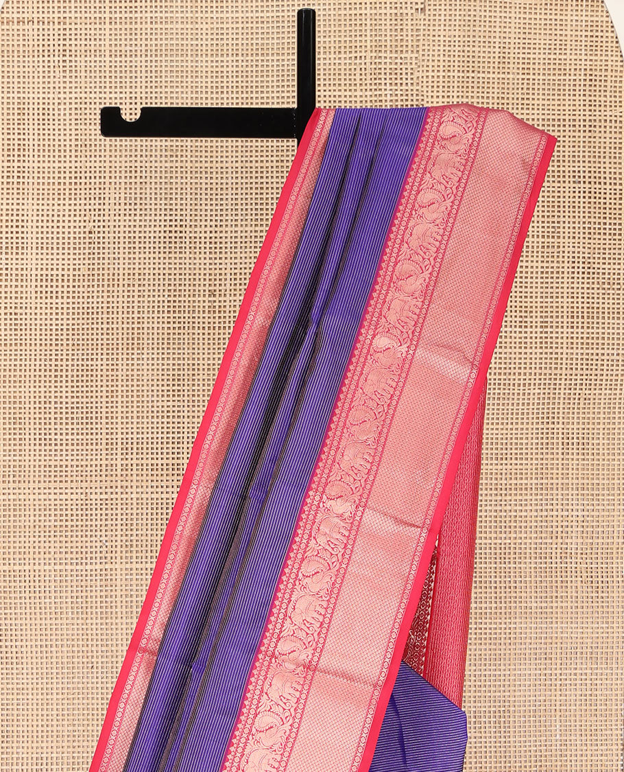 Voilet Kanchipuram Silk Saree, Beautifully Bedecked with Zari Stripes All Over Its Body, Complemented by Contrast Zari Border of Yaanai, Mayil, Kamalam, and Mayil Kann Designs, Textured Pallu, and Paired with a Contrast Blouse