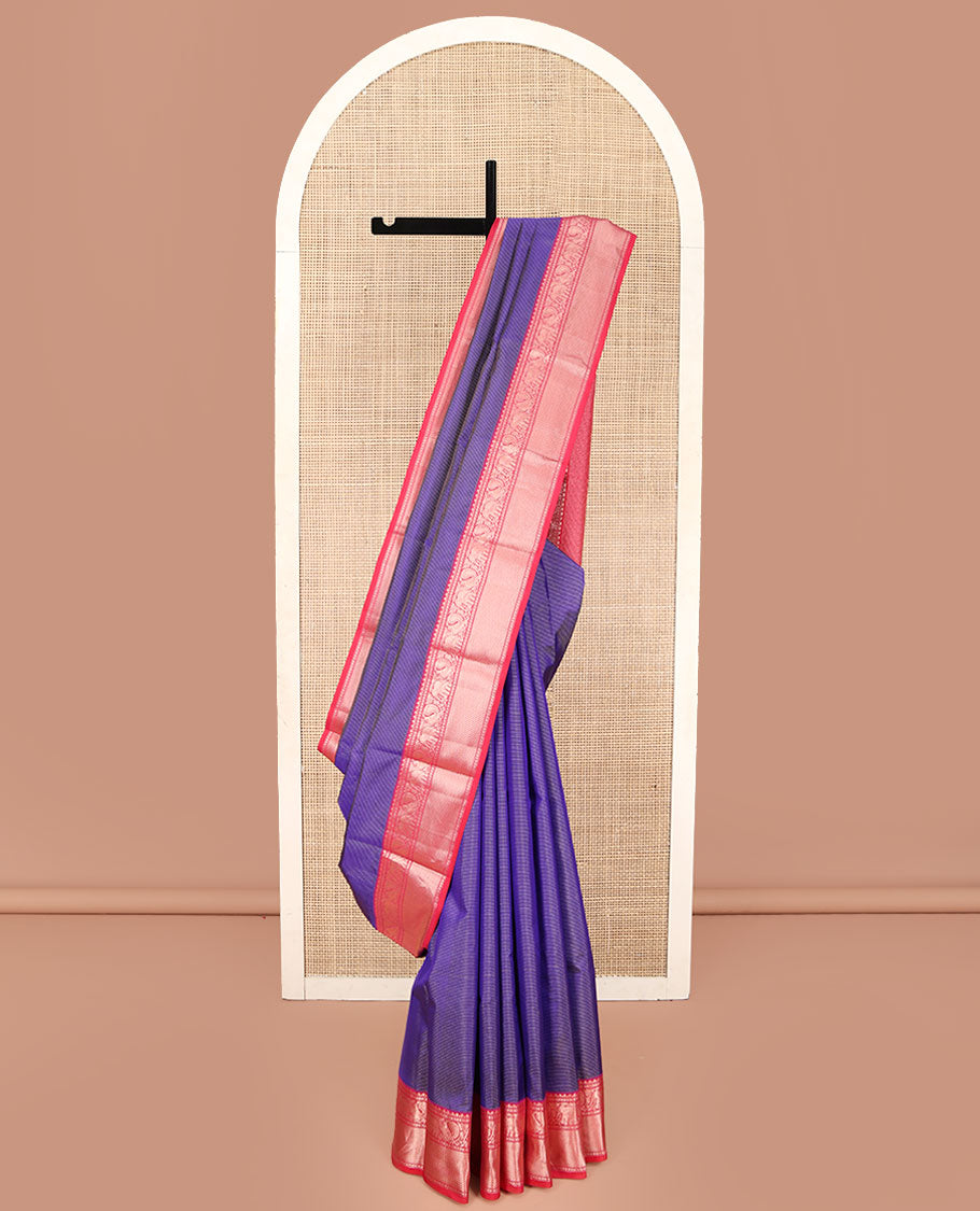 Voilet Kanchipuram Silk Saree, Beautifully Bedecked with Zari Stripes All Over Its Body, Complemented by Contrast Zari Border of Yaanai, Mayil, Kamalam, and Mayil Kann Designs, Textured Pallu, and Paired with a Contrast Blouse