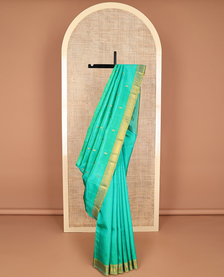 Sea blue buttas kancheepuram silk saree with contrast intricate zari design border & floral zari design pallu