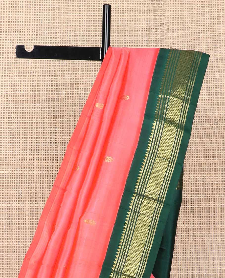 red buttas kancheepuram silk saree with contrast korvai border of rekku, banaras design & floral pallu