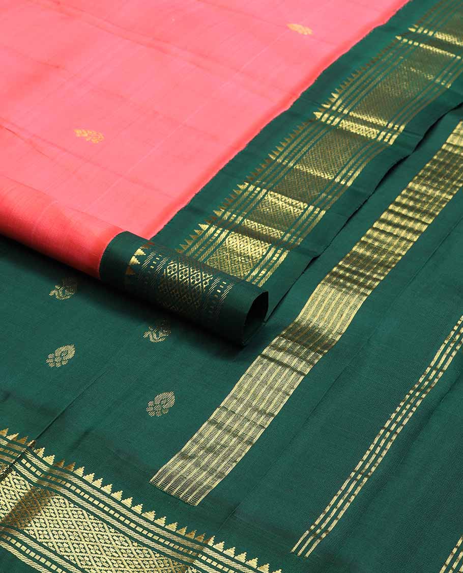 red buttas kancheepuram silk saree with contrast korvai border of rekku, banaras design & floral pallu