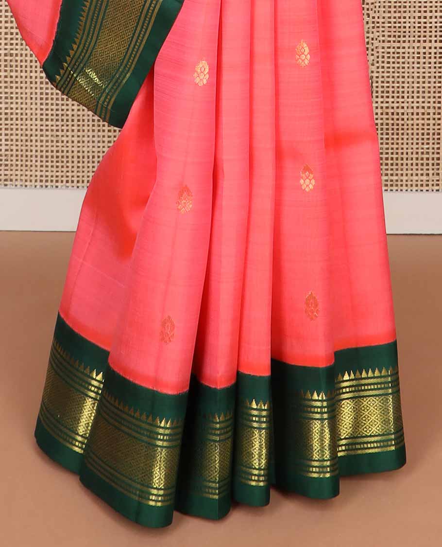 red buttas kancheepuram silk saree with contrast korvai border of rekku, banaras design & floral pallu