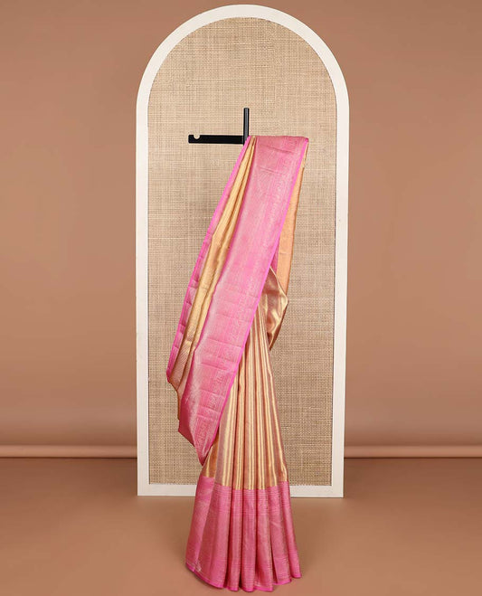 Brown striped kancheepuram tissue silk saree with contrast border of thilakam mokku, kathir, yanaai, vanki design & zari design pallu