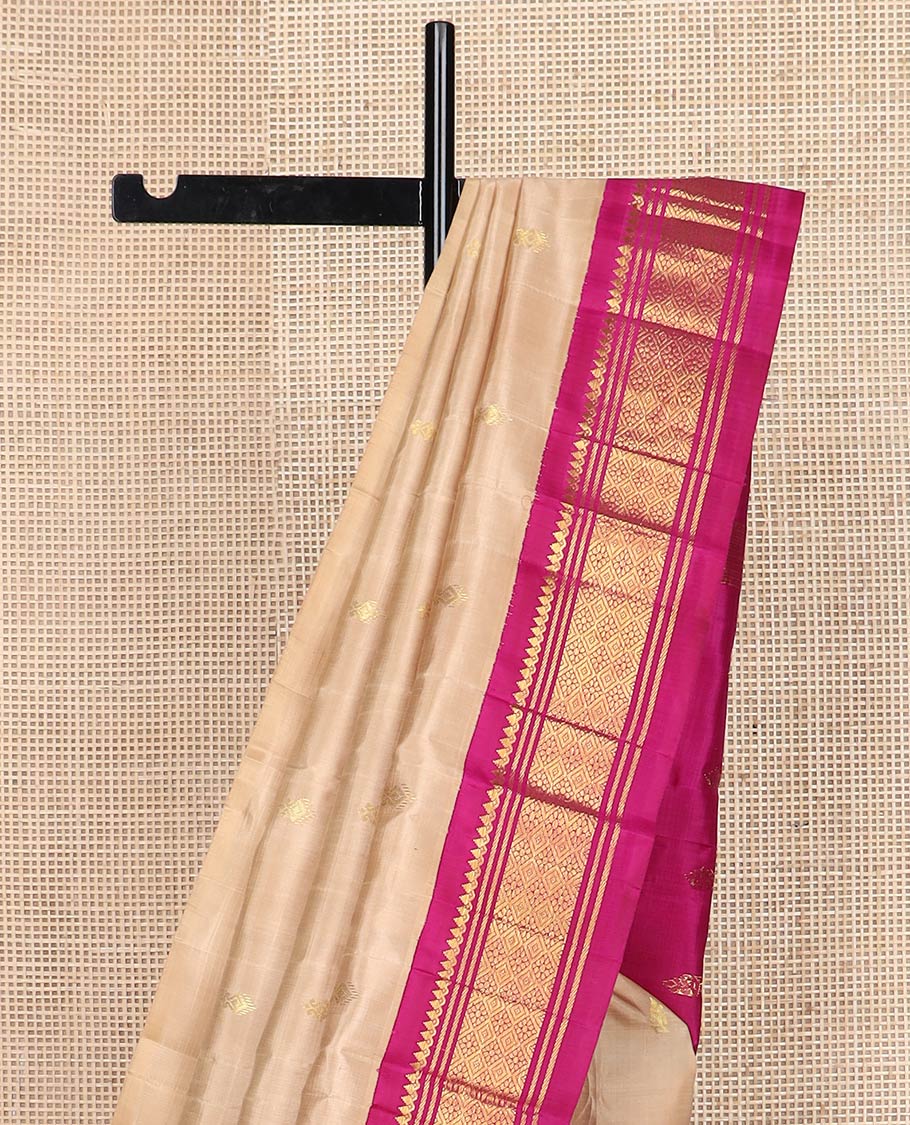 Sandal buttas kanchipuram silk saree, contrast one-sided korvai zari border of rekku,banaras & jaal & zari design pallu