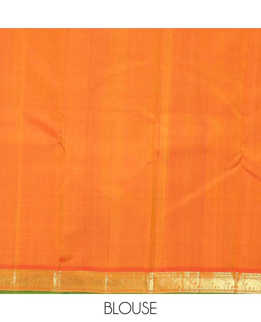 Yellow Plain Kanchipuram Silk Saree, Complemented by Contrast Border of Rekku, Neli, and Yaanai Designs, Pallu of Zari Designs, and Paired with a Contrast Blouse