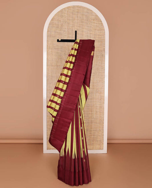 Maroon & sandal striped kancheepuram silk saree with zari buttas, one-sided thazampoo reku border & pallu of zari designs
