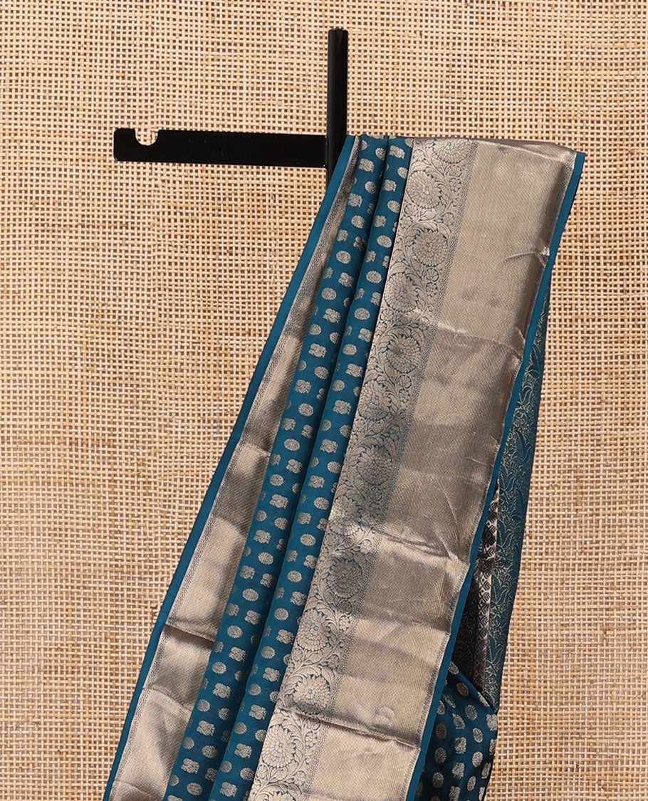 Blue annam chakram buttas silk saree, zari border of thilakam mokku,rettai neli & dhavanai kodi designs & leaf jaal pallu