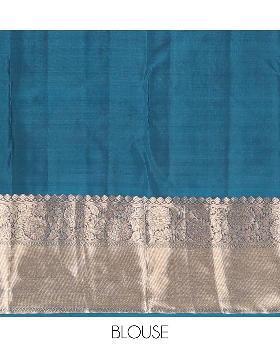 Blue annam chakram buttas silk saree, zari border of thilakam mokku,rettai neli & dhavanai kodi designs & leaf jaal pallu