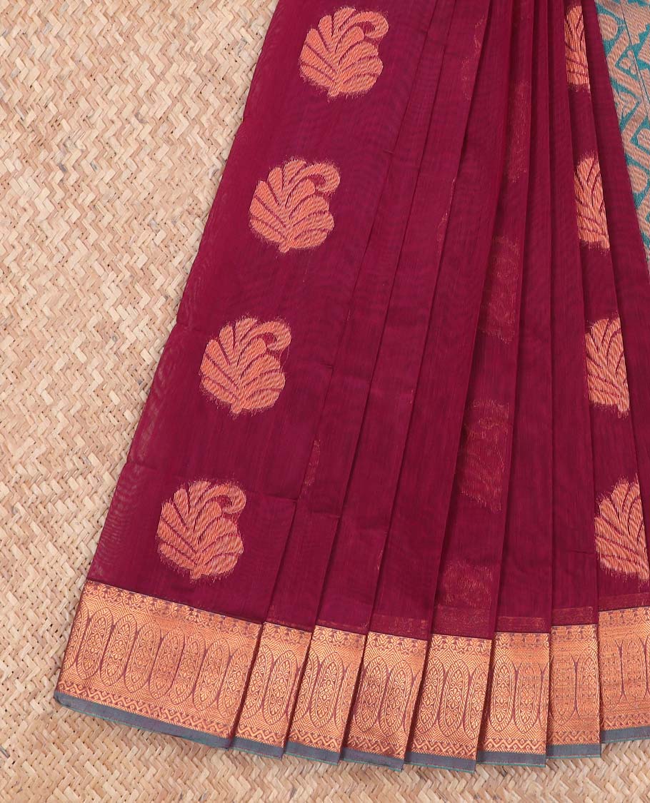 Marron paisley design kora cotton saree with contrast zari design border & floral enclosed checked design pallu
