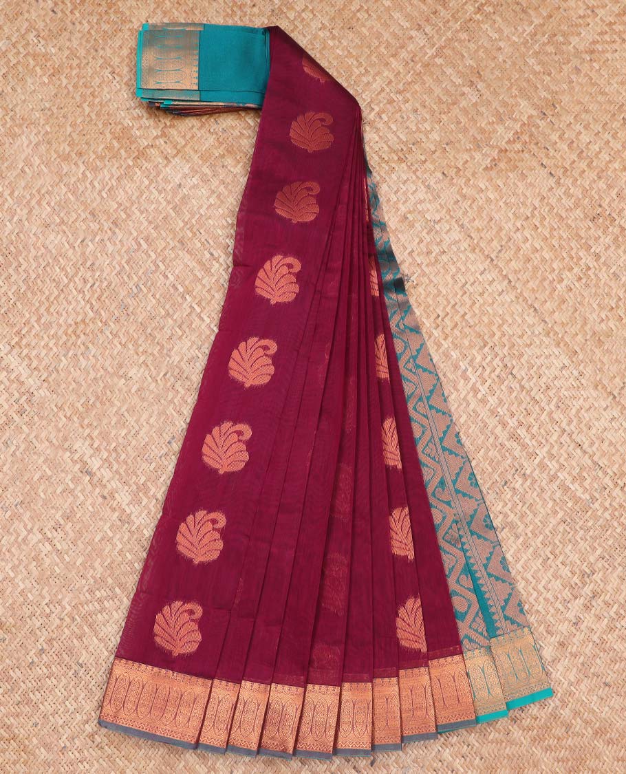 Marron paisley design kora cotton saree with contrast zari design border & floral enclosed checked design pallu