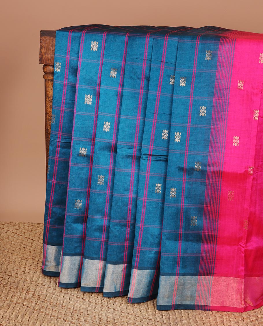 Blue checked kuppadam silk saree with buttas, plain border & contrast pallu of stripes