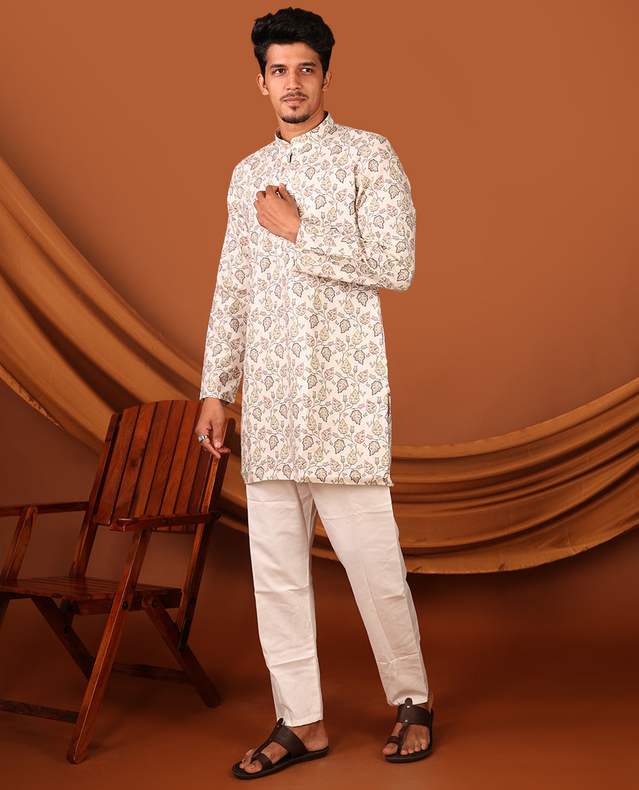 Off-white Leaf Vine Printed Full-Sleeves Men's Kurta