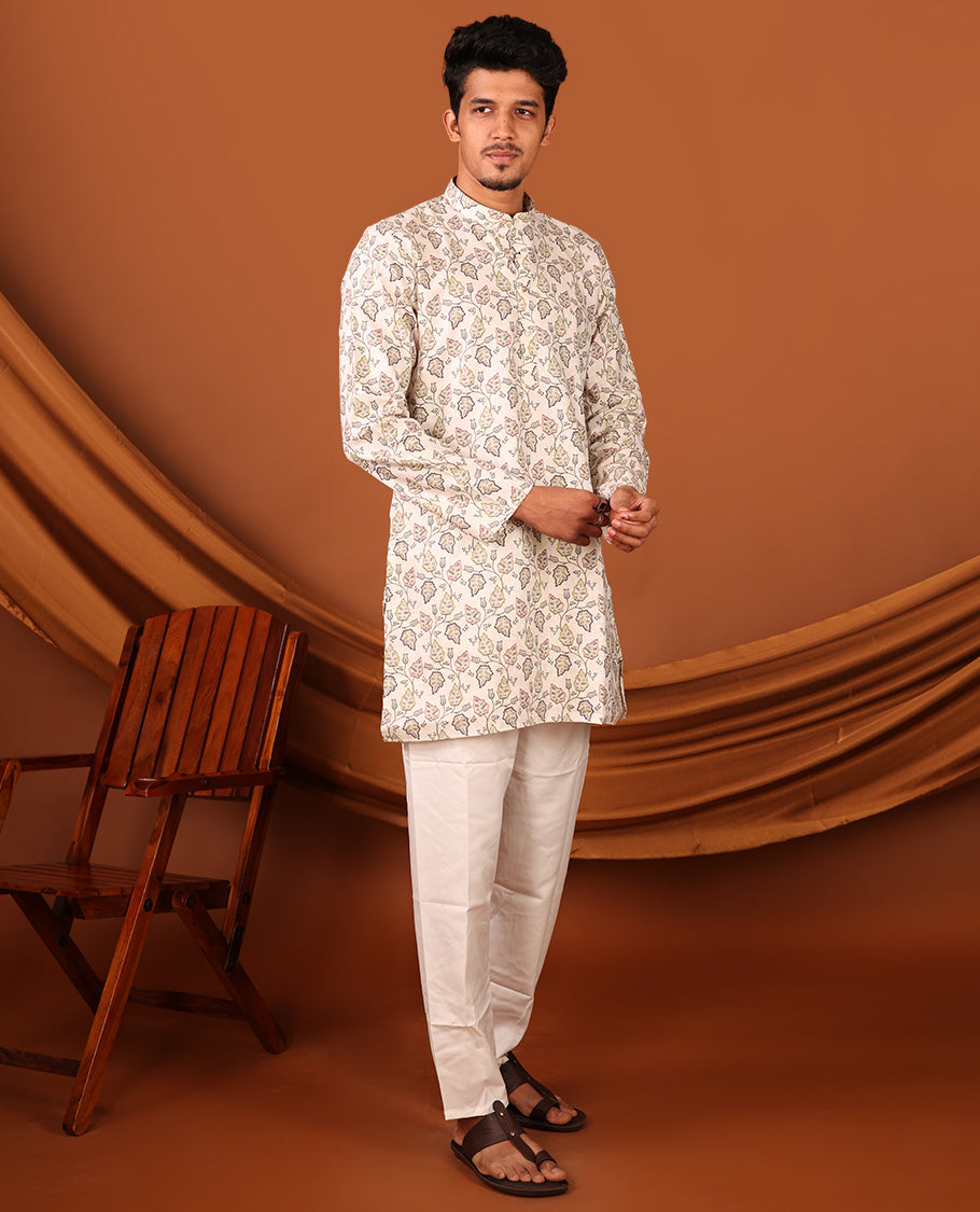 Off-white Leaf Vine Printed Full-Sleeves Men's Kurta