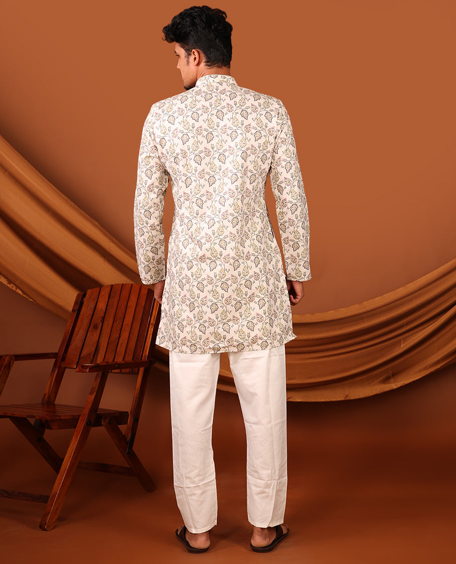 Off-white Leaf Vine Printed Full-Sleeves Men's Kurta