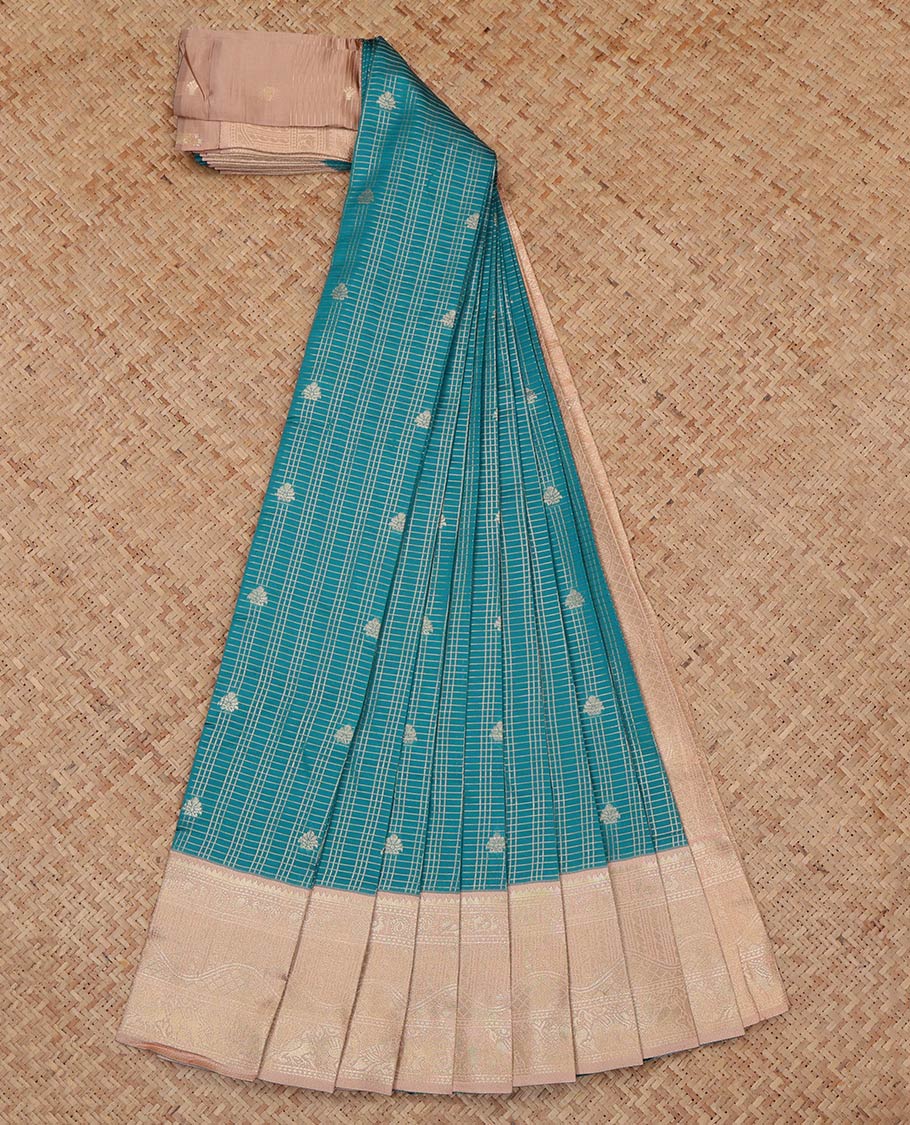 Green Litchi Saree, Crafted with Zari Buttas and Checks, a Contrast Traditional Zari Border, a Grand Pallu, and a Contrast Blouse