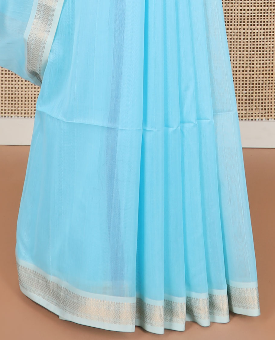 Light blue maheswari cotton saree with self zari design border & striped pallu