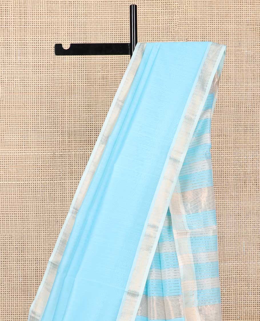 Light blue maheswari cotton saree with self zari design border & striped pallu