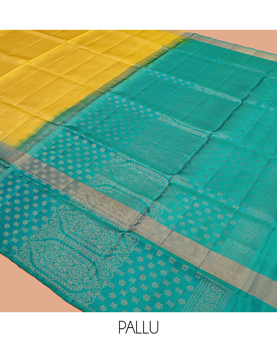 Yellow Mayuri Soft Silk Saree, Sparsely Woven with Buttas, Complemented by a Contrast Floral Border, Unique Design Pallu, and a Contrast Blouse