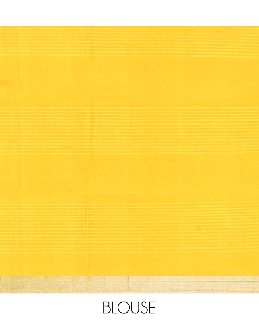 Yellow Mayuri Soft Silk Saree, Bedecked with Stripes and Buttas on Its Body, Subtle Zari Piping Border, Pallu Features Floral Jaal Designs, and Paired with a Matching Blouse