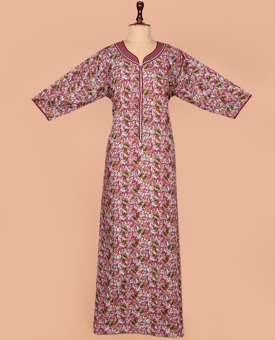 Wine Cotton Nighty Bedecked with Floral Print, Featuring Lace Work, Unique Front Neck, and 3/4th Sleeves