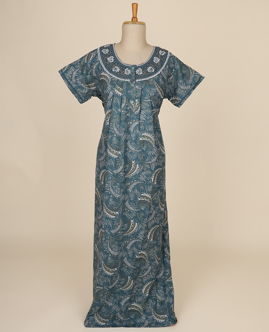 Blue floral printed & floral thread embroidery round neck cotton half-sleeve nighty