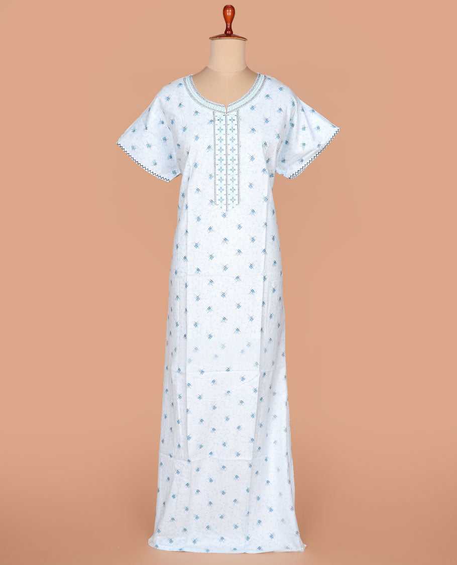 White vine and geometric printed with leaf neck embroidered, half-sleeve nighty