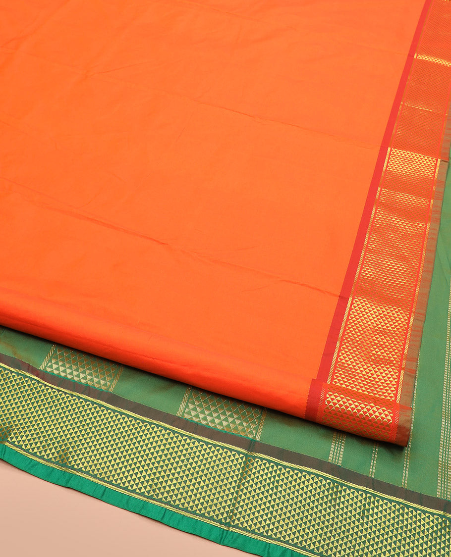 Orange Plain Ten-Yard Art Silk Saree, Complemented by a Contrast Traditional Ara Maadam Border, and Pallu Enriched with Zari Designs,