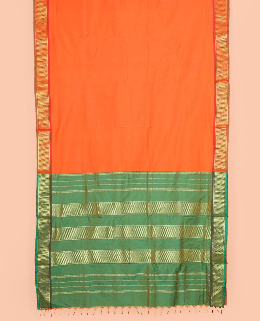 Orange Plain Ten-Yard Art Silk Saree, Complemented by a Contrast Traditional Ara Maadam Border, and Pallu Enriched with Zari Designs,