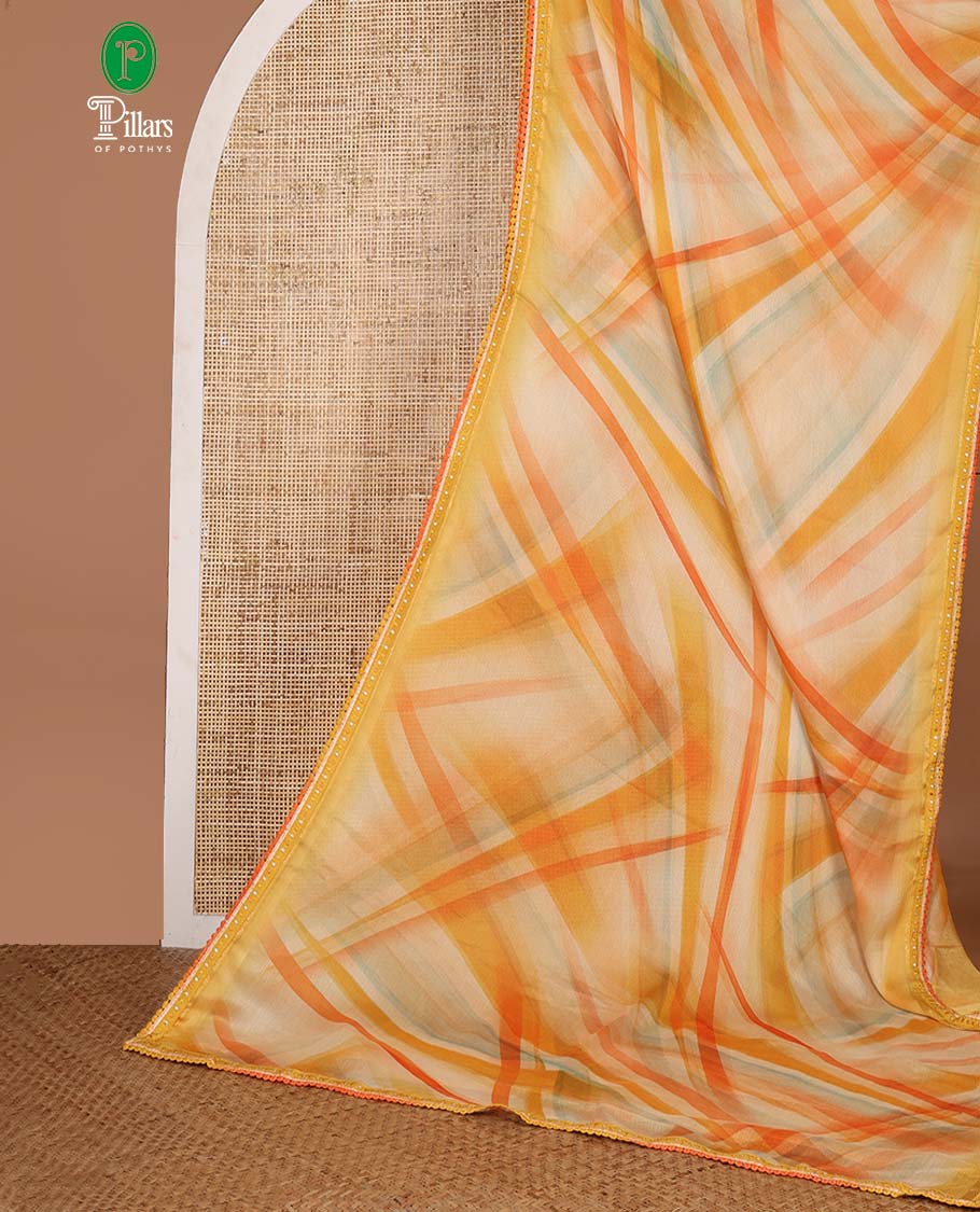 Yellow digital printed chimmer chiffon saree with embroidery, lace border & self pallu along with plain blouse