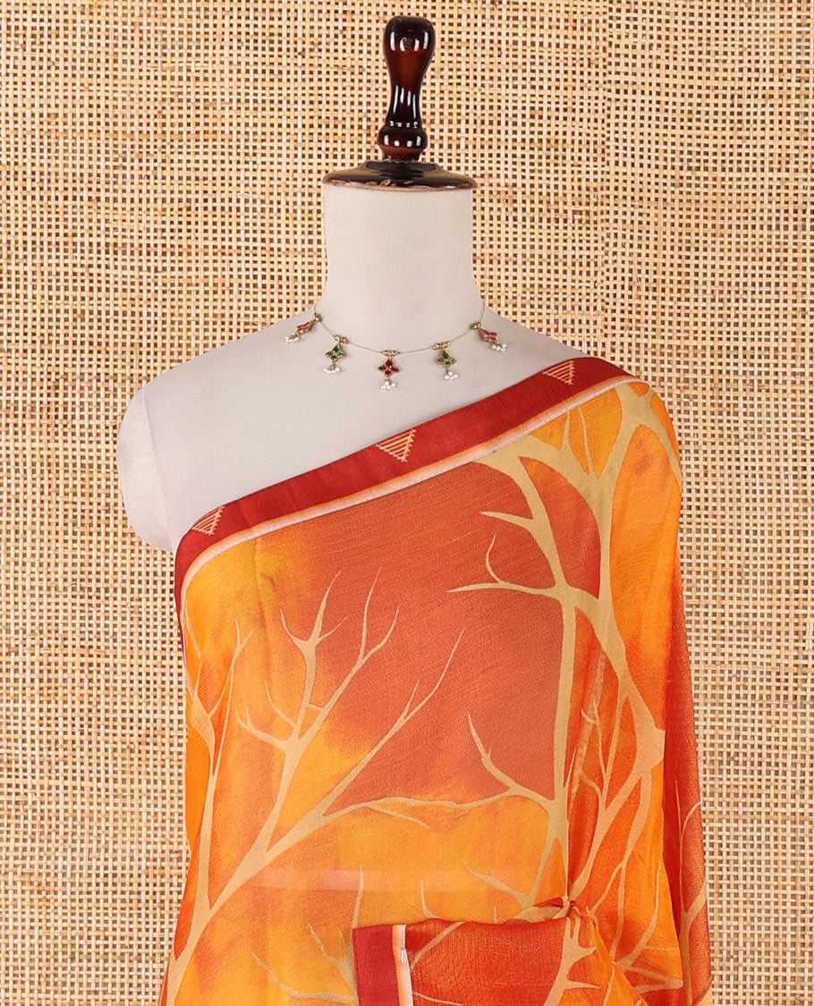 Orange digital print chiffon shimmer saree with lace border & self pallu along with printed blouse