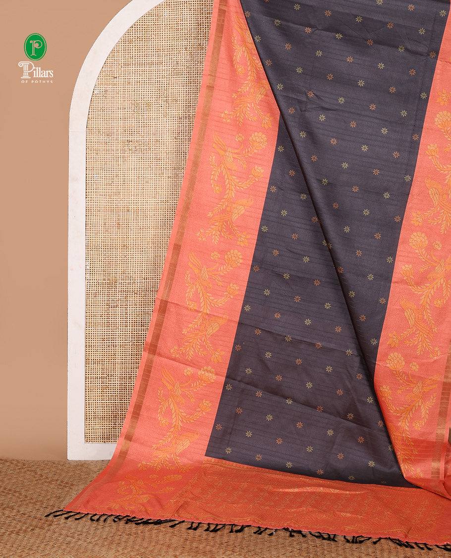 Black small flower butta printed katan silk saree, contrast flower & parrot motif printed border, printed pallu & blouse
