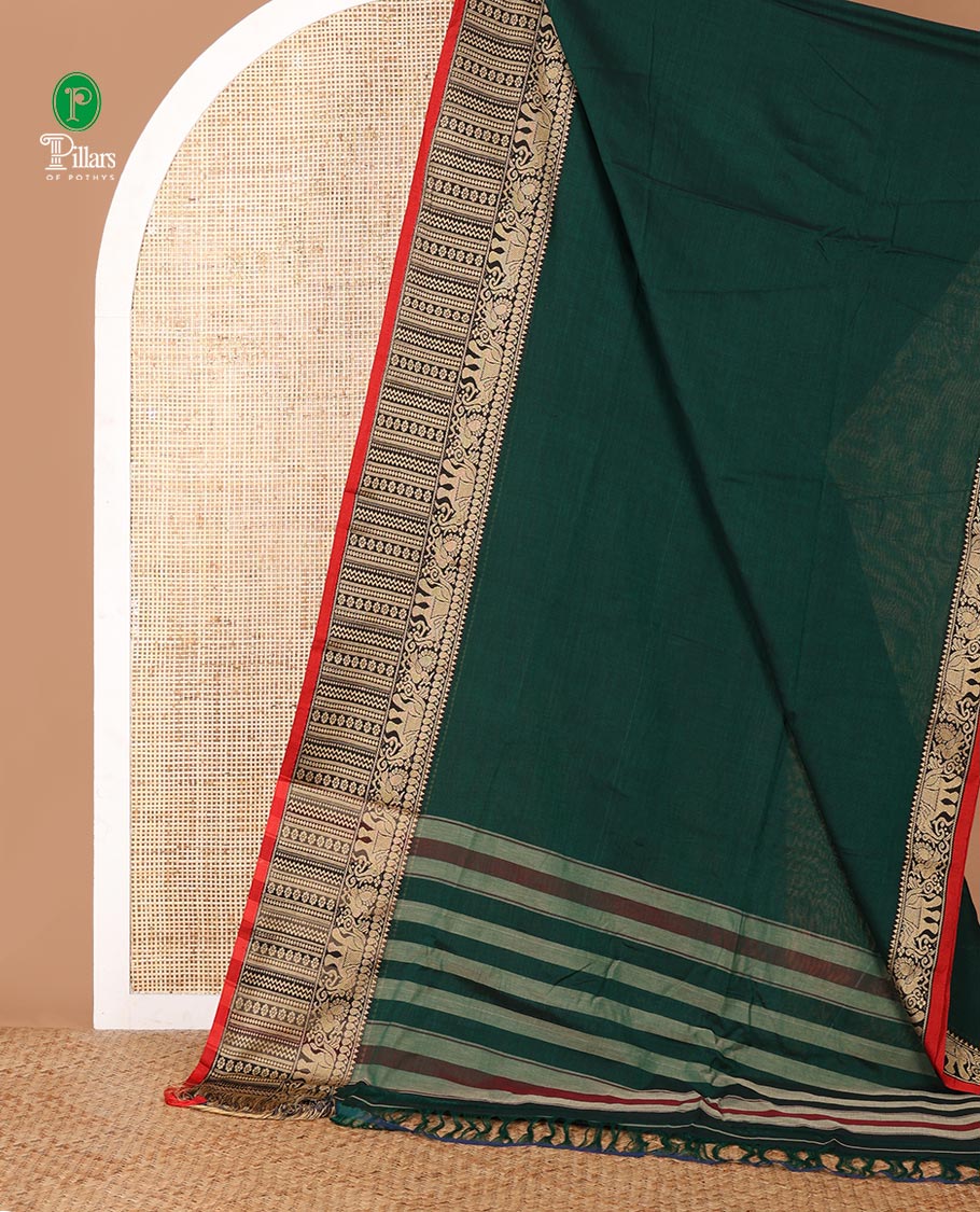 Bottle green plain masraise cotton saree, contrast border of elephant, peacock & geometric design & lining seer pallu