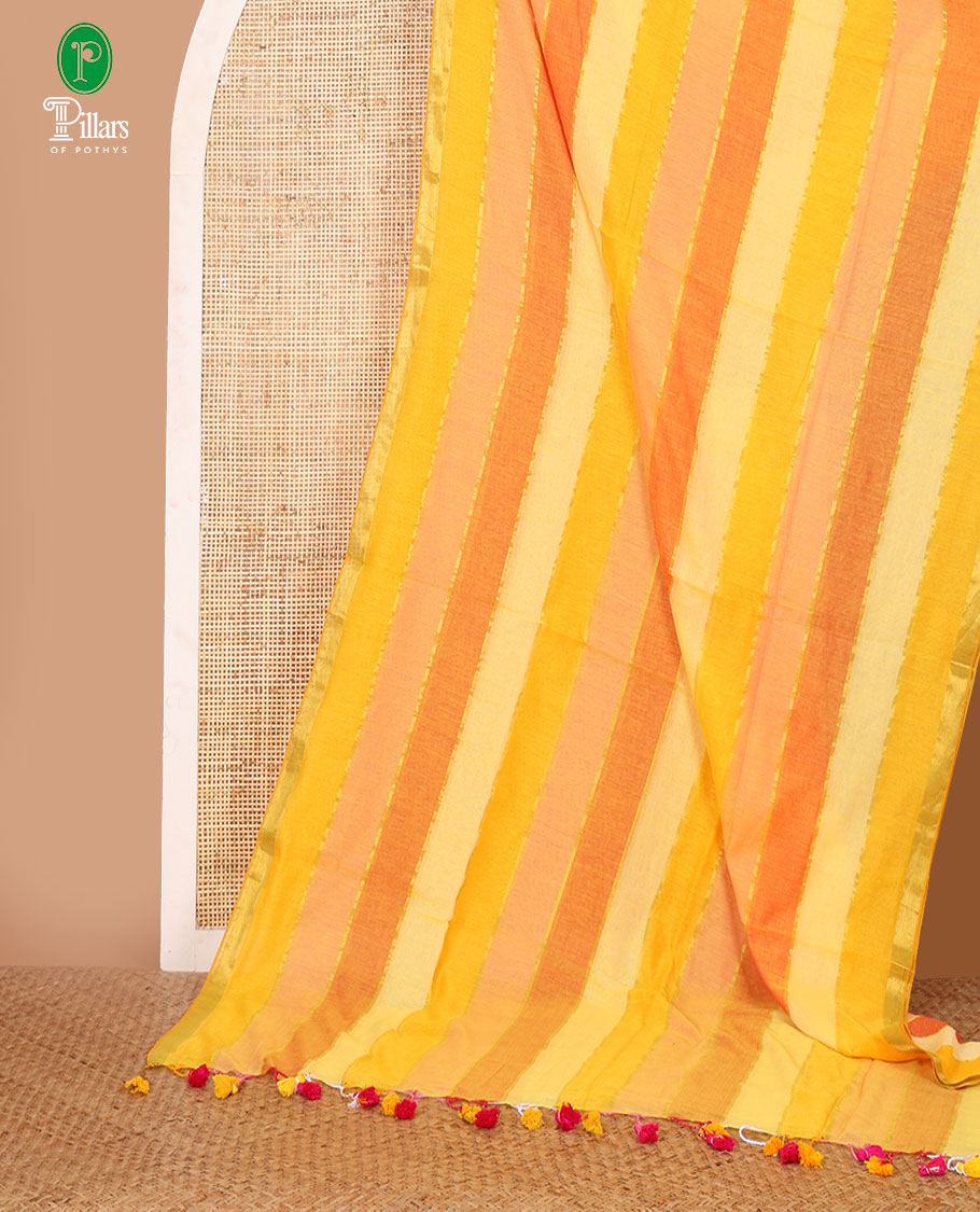 Orange-shaded striped khadi cotton saree, zari piping border, multi-color tassels pallu & colorful striped blouse
