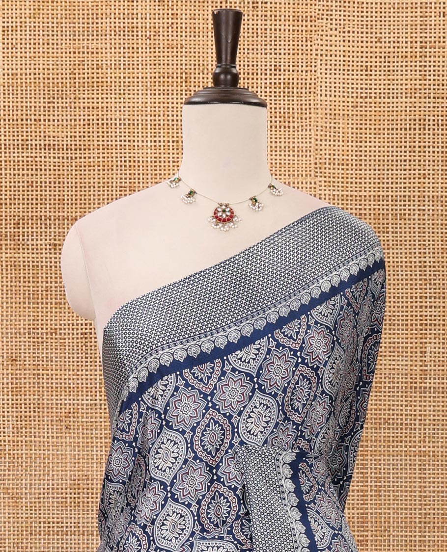 Blue Ajrakh-printed turkey crepe saree, printed border, Ajrakh-printed pallu & small buttas printed blouse