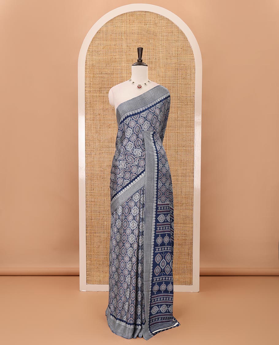 Blue Ajrakh-printed turkey crepe saree, printed border, Ajrakh-printed pallu & small buttas printed blouse