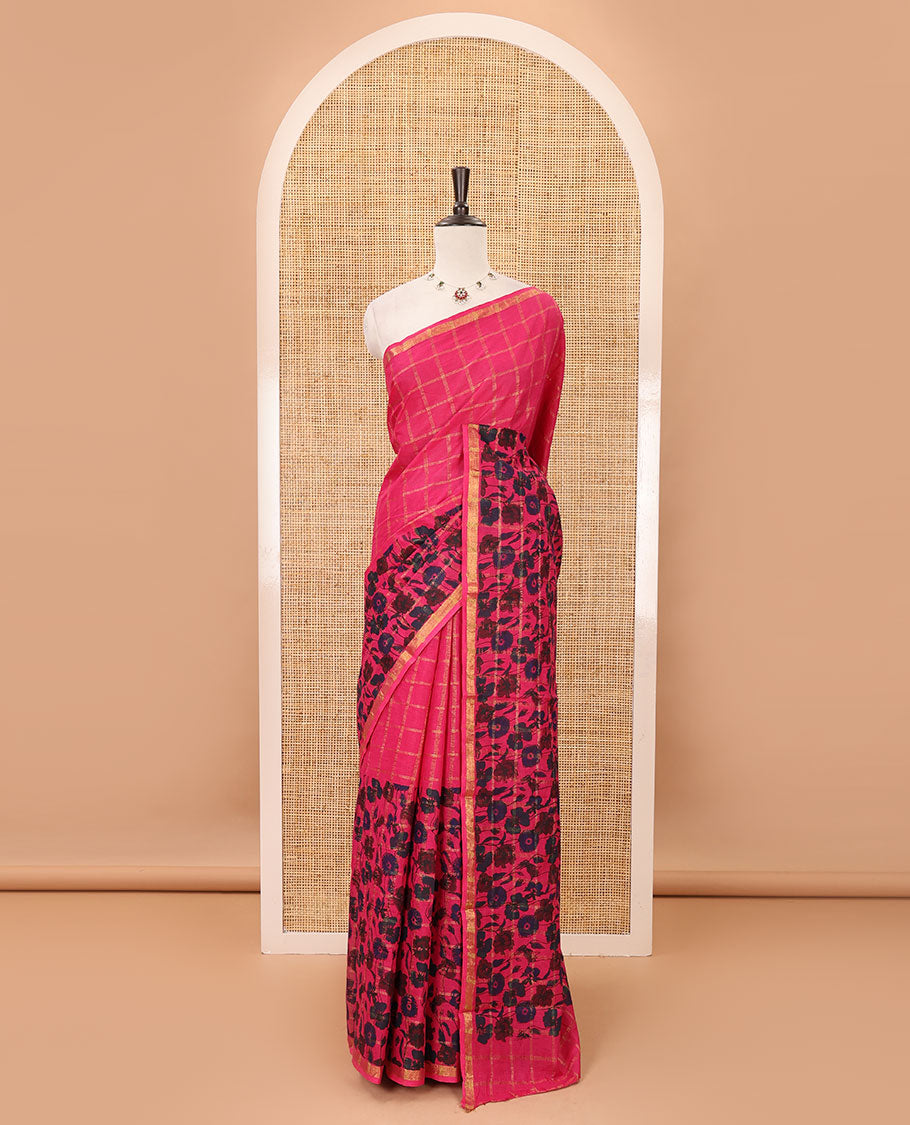 Pink zari checked & floral printed sungudi cotton saree, piping zari border,self-pallu & matching blouse of zari & floral print work