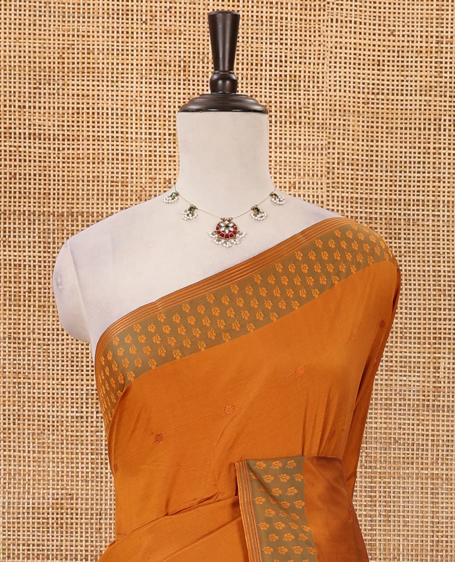 Mustard thread buttas semi-soft saree, contrast flower motifs border, contrast striped pallu & contrast buttas blouse