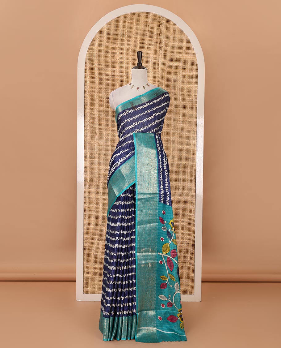 Royal blue zari striped & uniquely printed soft tusser saree,contrast traditional zari border,kalamkari floral print pallu & zari design blouse