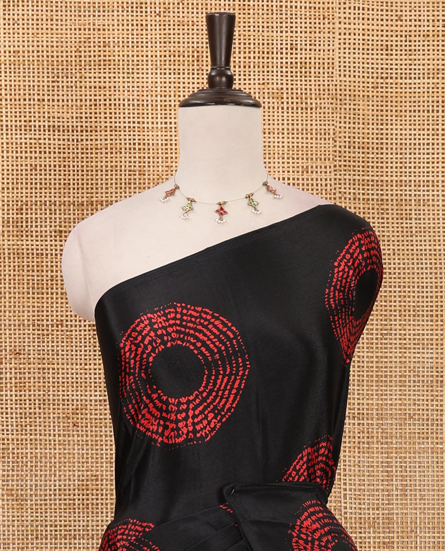 Borderless black Shibori-style circle motifs printed Turkey crepe saree, Shibori printed pallu & small buttas printed blouse